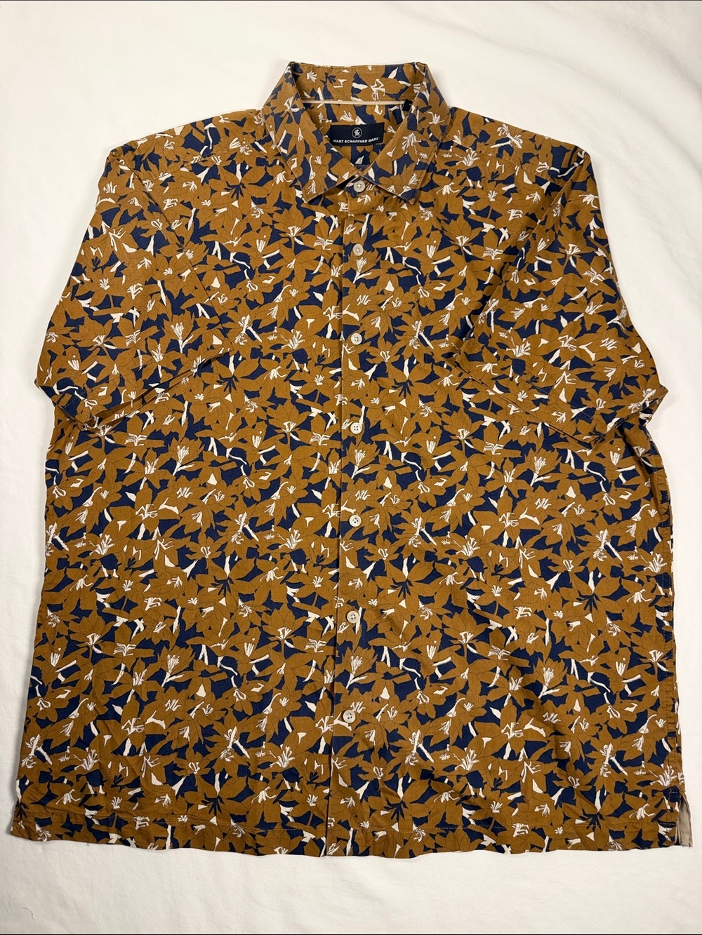 Hart Schaffner Marx Mens XL Mustard, Navy & White Print SS Button-Down Shirt